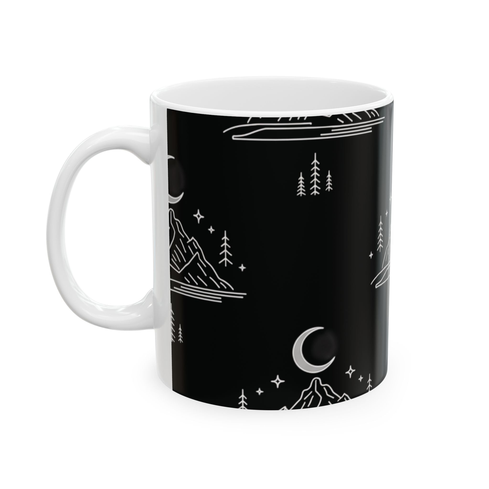 Mountain Moon Ceramic Mug — Black Minimalist Nightscape Coffee Cup (11oz & 15oz)