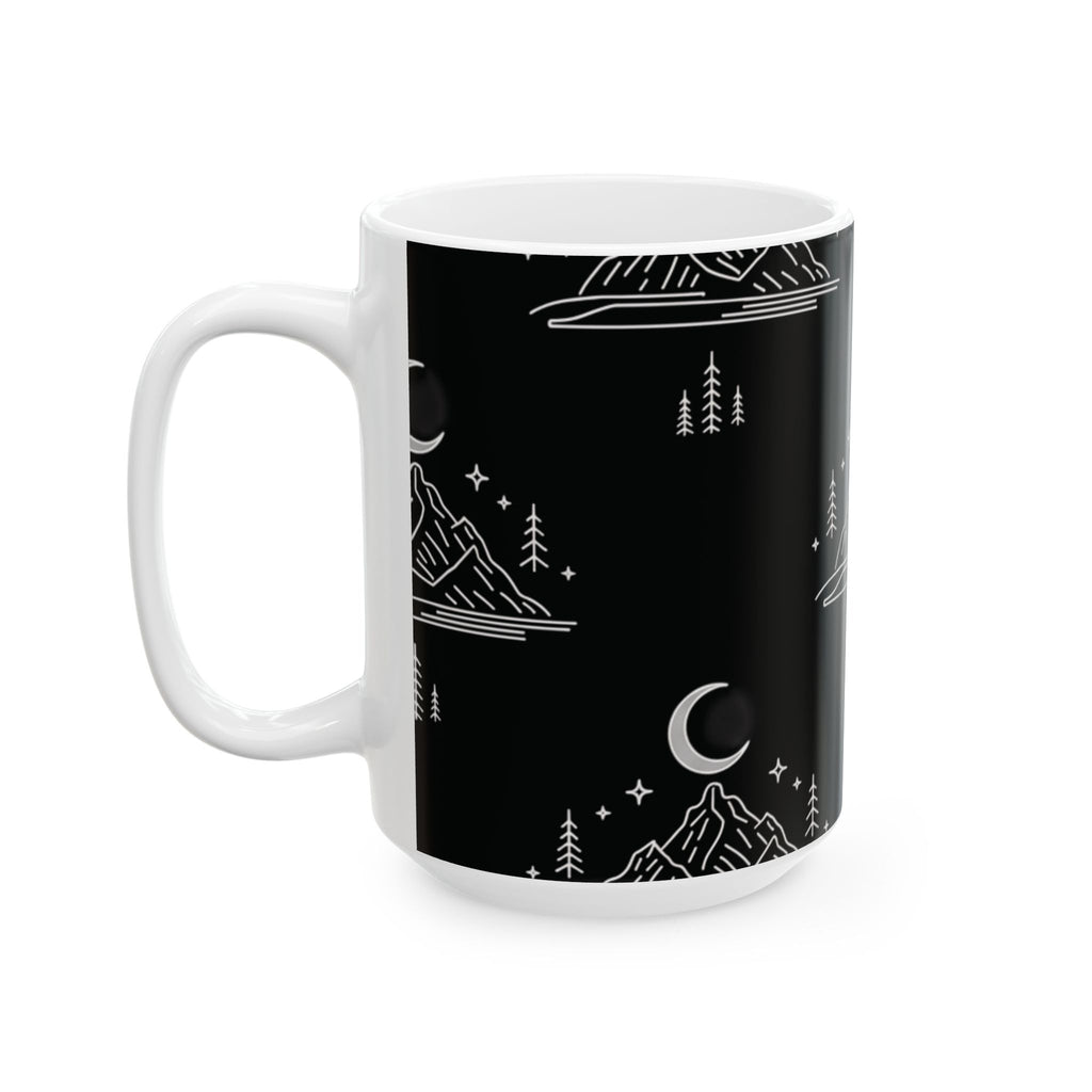 Mountain Moon Ceramic Mug — Black Minimalist Nightscape Coffee Cup (11oz & 15oz)