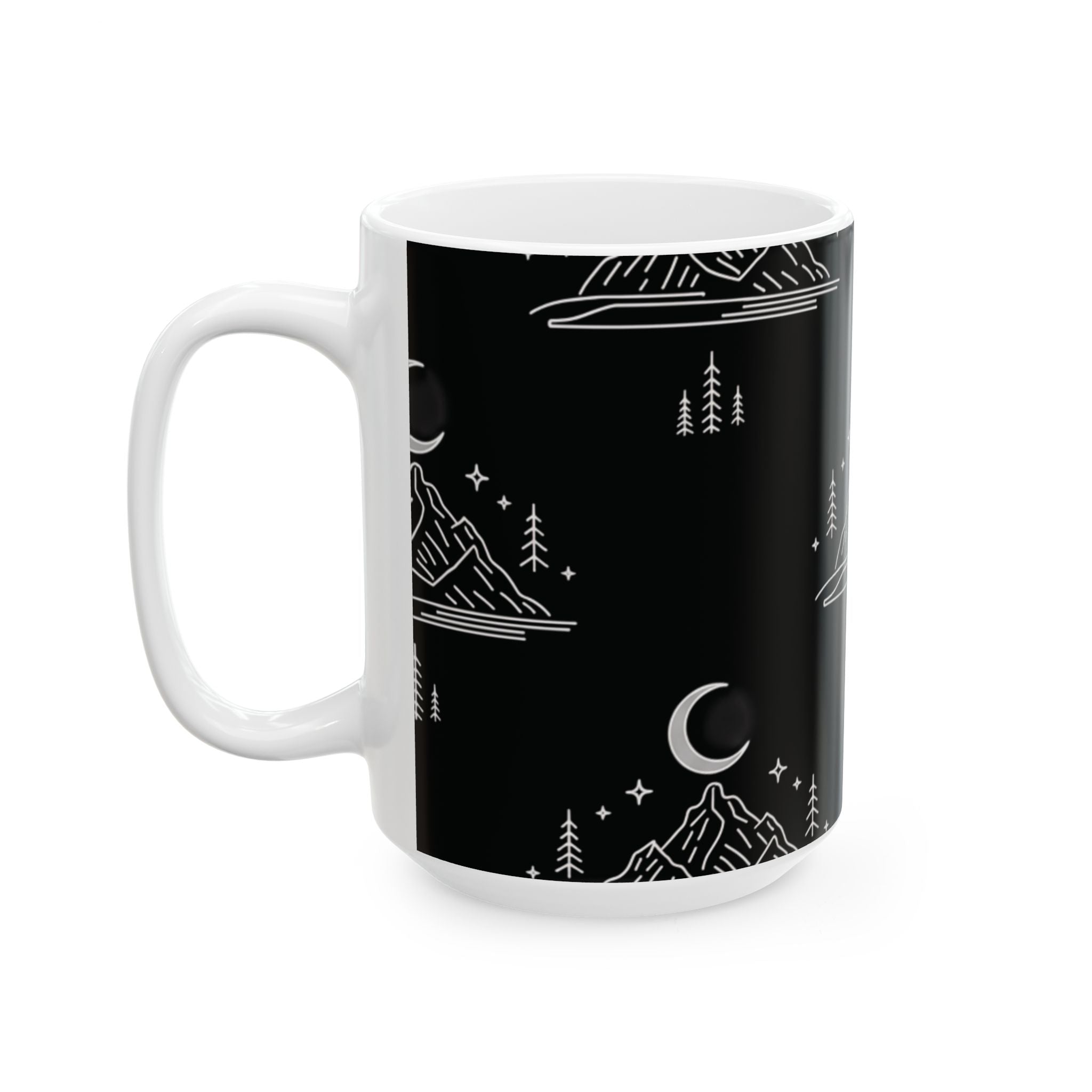 Mountain Moon Ceramic Mug — Black Minimalist Nightscape Coffee Cup (11oz & 15oz)