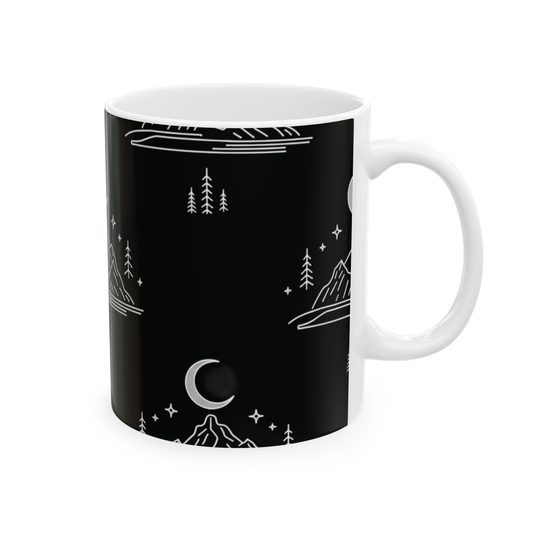 Mountain Moon Ceramic Mug — Black Minimalist Nightscape Coffee Cup (11oz & 15oz)