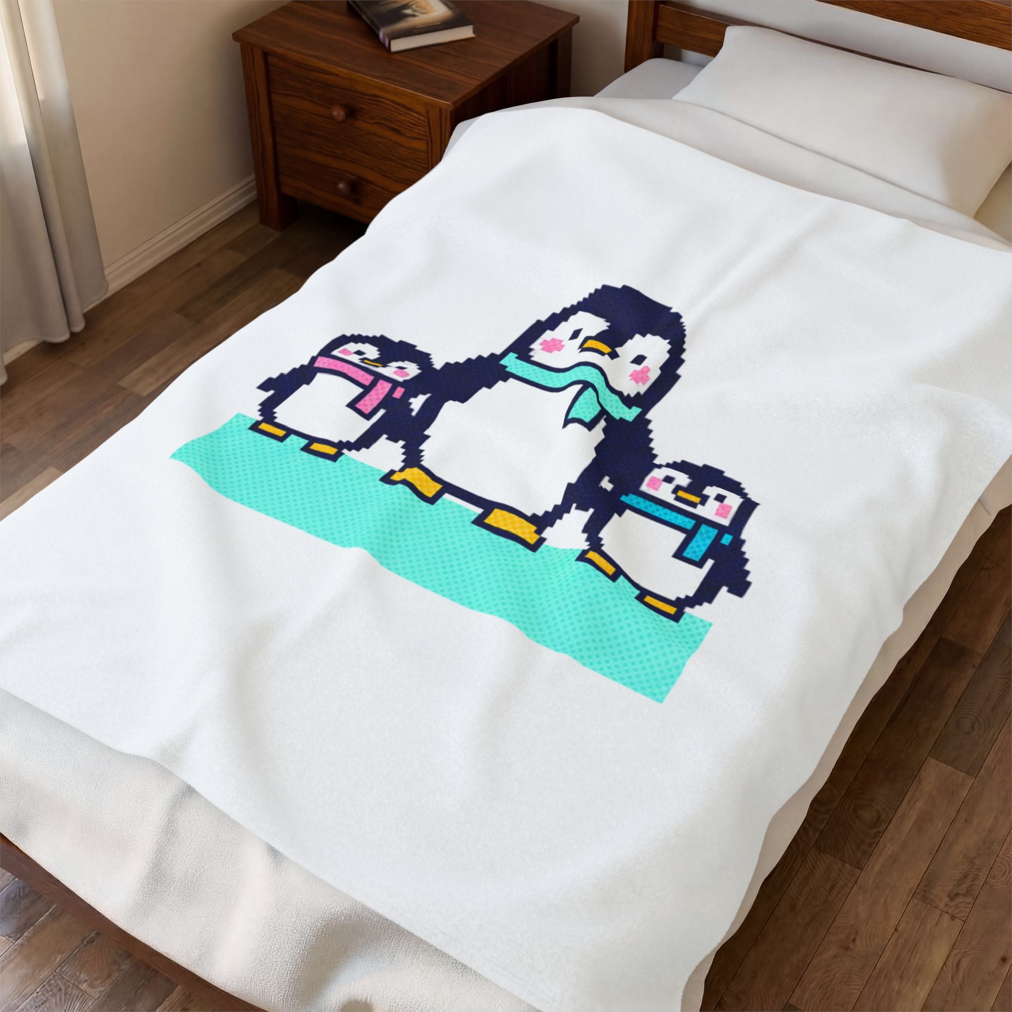 Penguin Family Velveteen Plush Blanket — Cute Pixel Art Cozy Throw for Kids & Winter Gifts