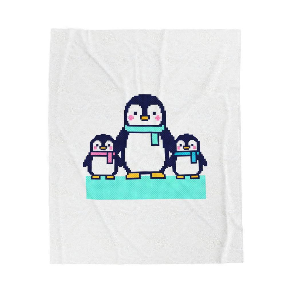 Penguin Family Velveteen Plush Blanket — Cute Pixel Art Cozy Throw for Kids & Winter Gifts