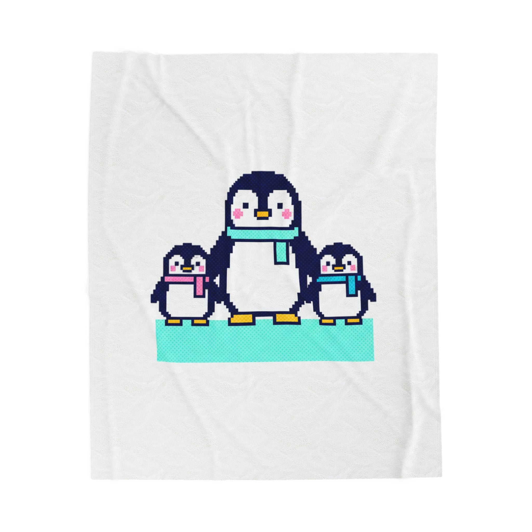 Penguin Family Velveteen Plush Blanket — Cute Pixel Art Cozy Throw for Kids & Winter Gifts