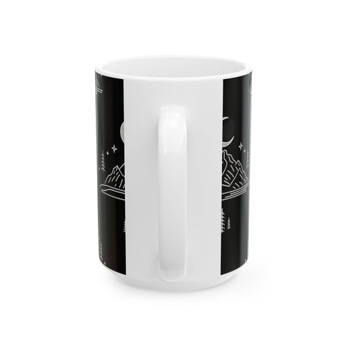 Mountain Moon Ceramic Mug — Black Minimalist Nightscape Coffee Cup (11oz & 15oz)