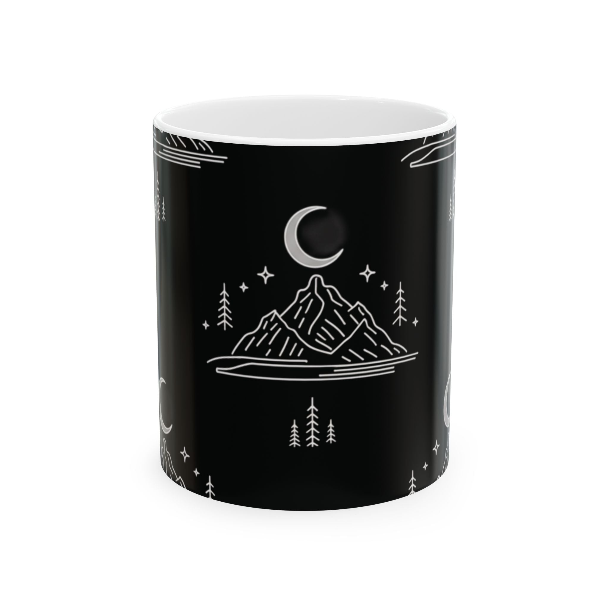 Mountain Moon Ceramic Mug — Black Minimalist Nightscape Coffee Cup (11oz & 15oz)