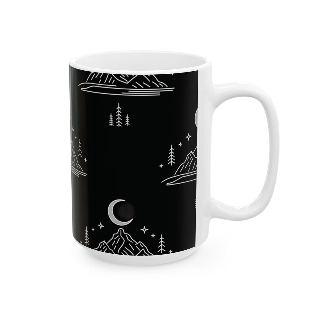 Mountain Moon Ceramic Mug — Black Minimalist Nightscape Coffee Cup (11oz & 15oz)