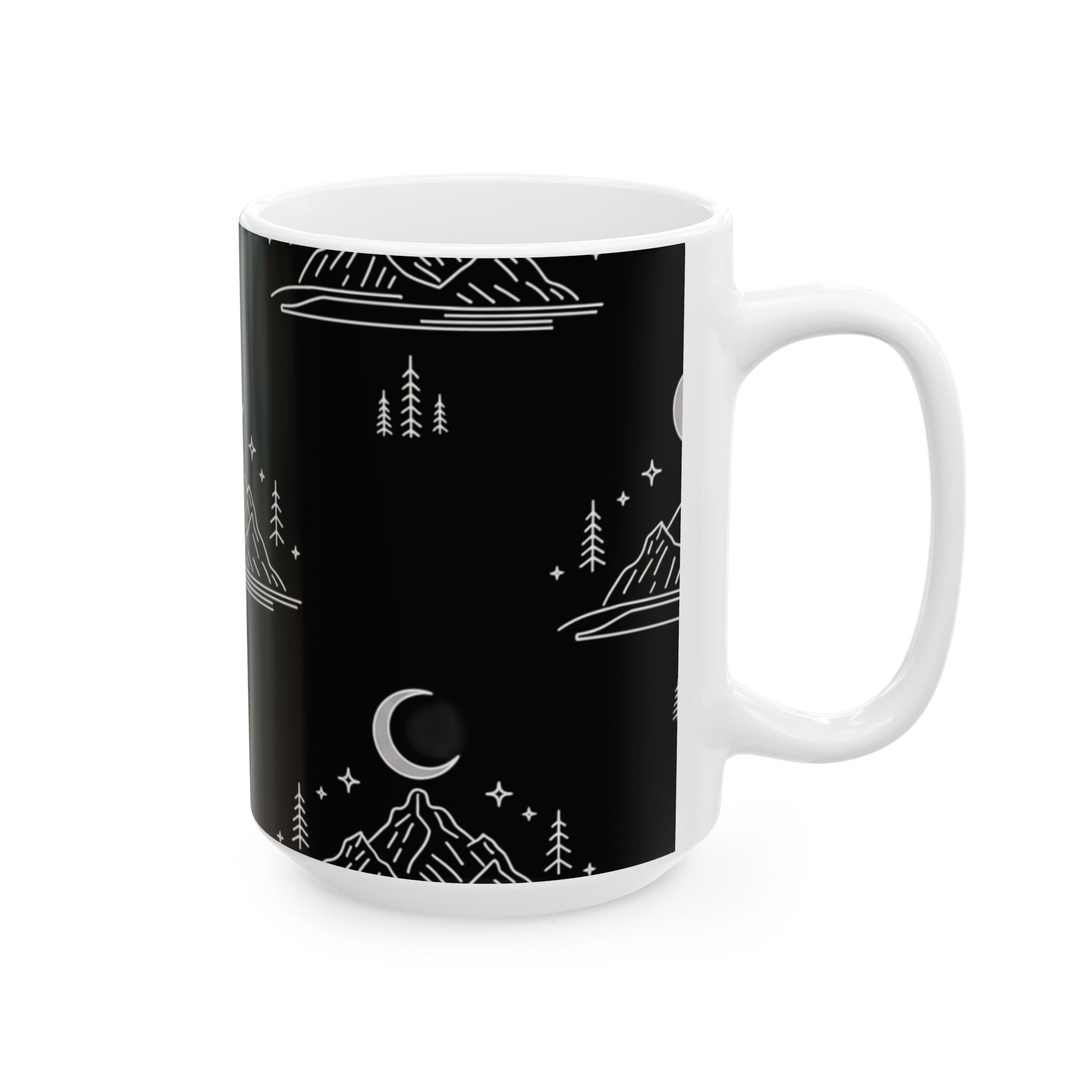 Mountain Moon Ceramic Mug — Black Minimalist Nightscape Coffee Cup (11oz & 15oz)
