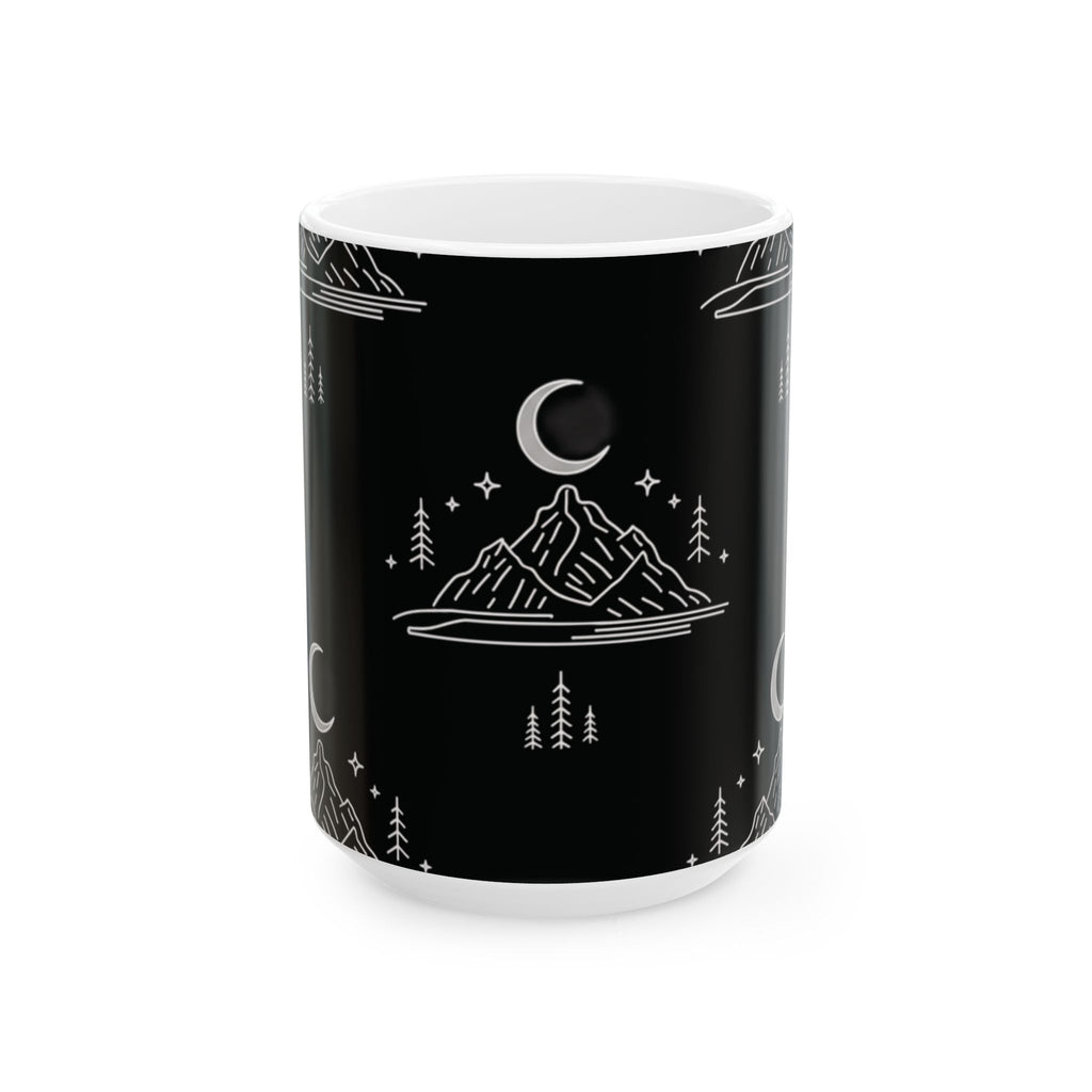 Mountain Moon Ceramic Mug — Black Minimalist Nightscape Coffee Cup (11oz & 15oz)